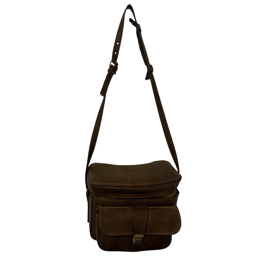 Vintage Leather Camera Bag Brown with Strap and Compartment